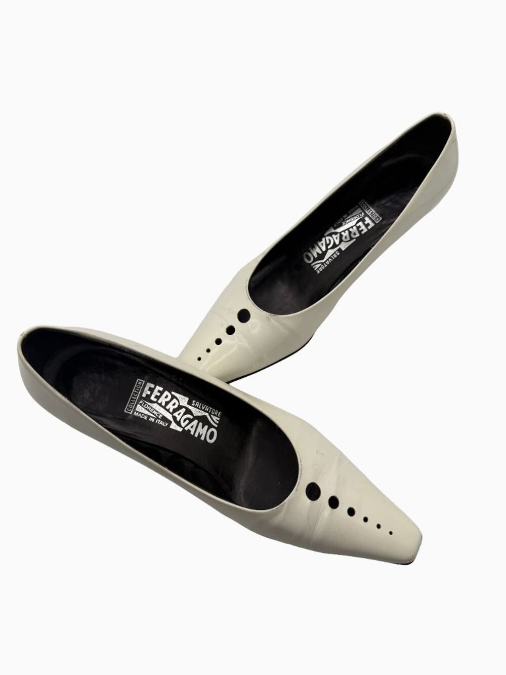 Salvatore Ferragamo Collection White Leather Pointed Toe Kitten Heel Pumps 8.5B